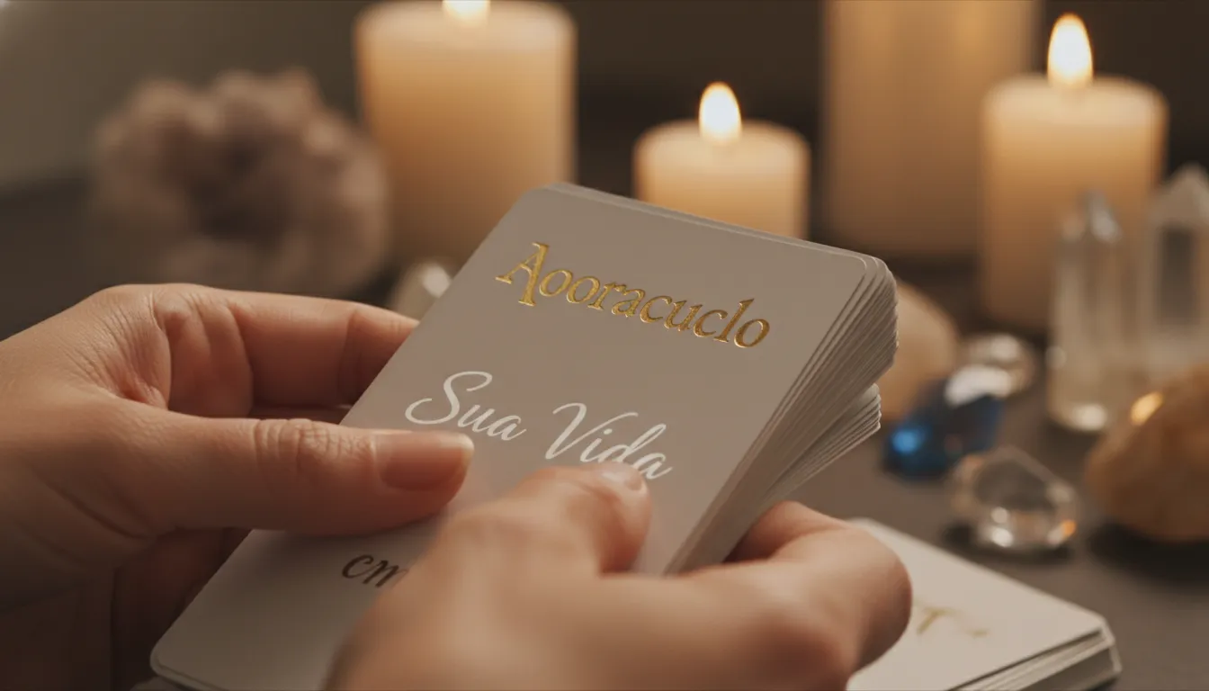 Mãos de pessoa embaralhando cartas de tarot, luz acolhedora e velas ao fundo, simbolizando o tarot revolucionar vida pessoal com Aooraculo.