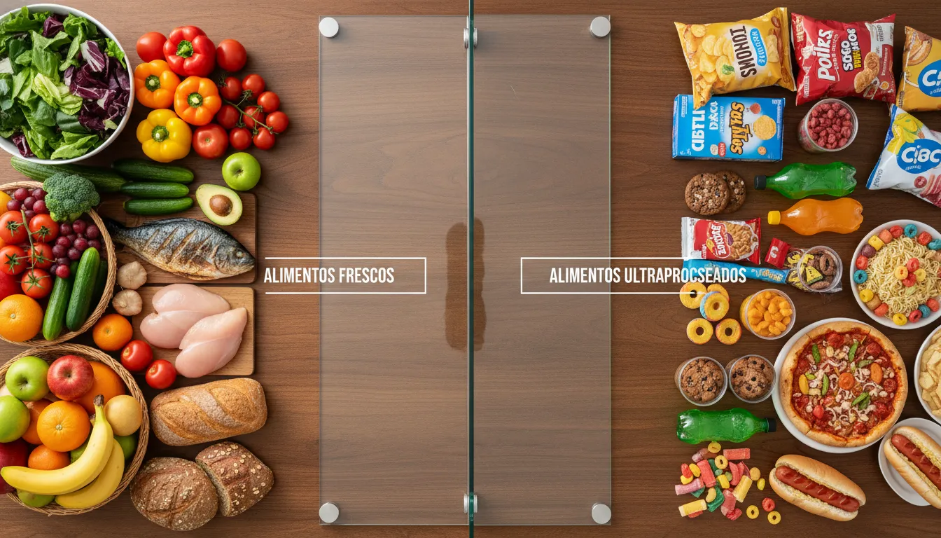 Comparativo visual entre alimentos naturais e industrializados em uma mesa
