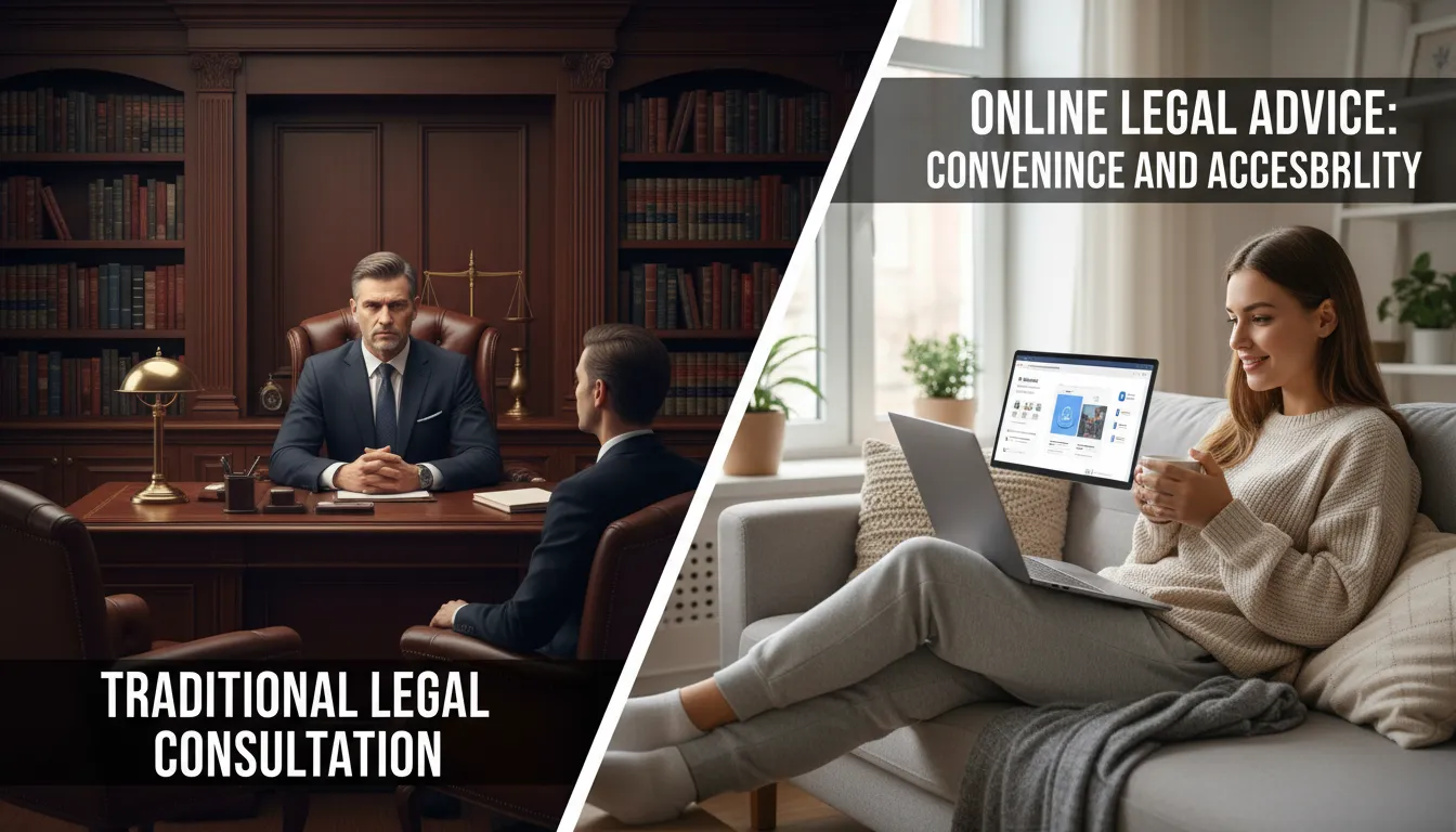 Contraste: escritório de advocacia tradicional versus a praticidade do advogado online no lar.
