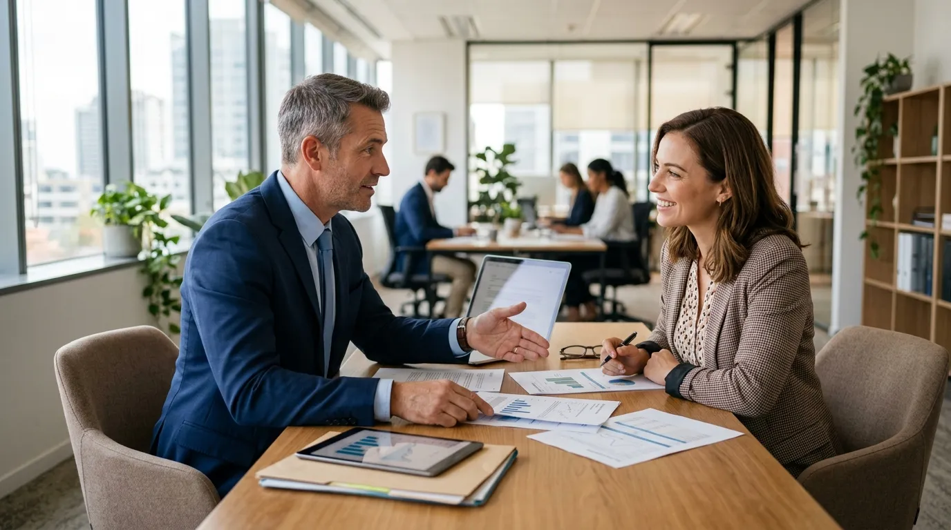 Consultoria especializada ajudando cliente a organizar vida financeira e planejar investimentos.