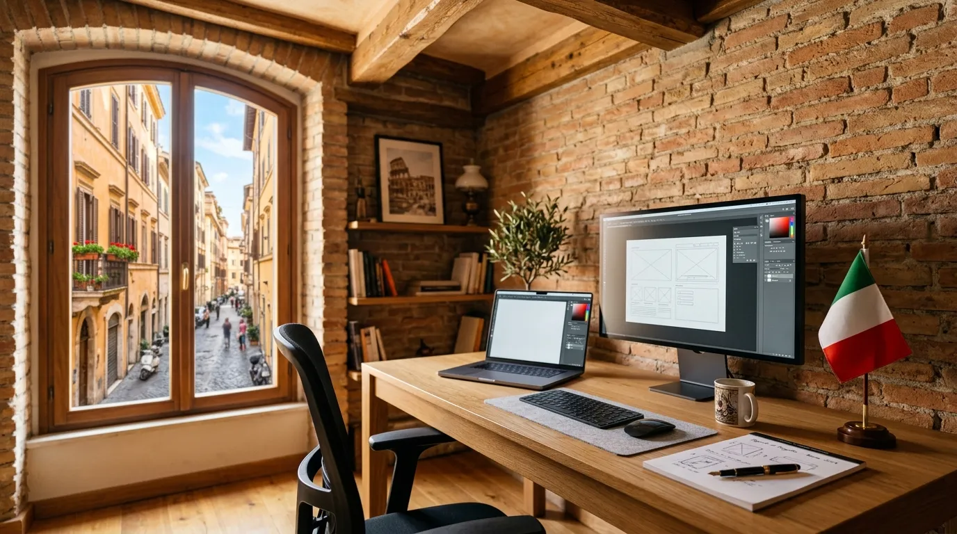 Escritório planejado para nômade digital trabalhar diretamente de apartamento histórico na Itália.