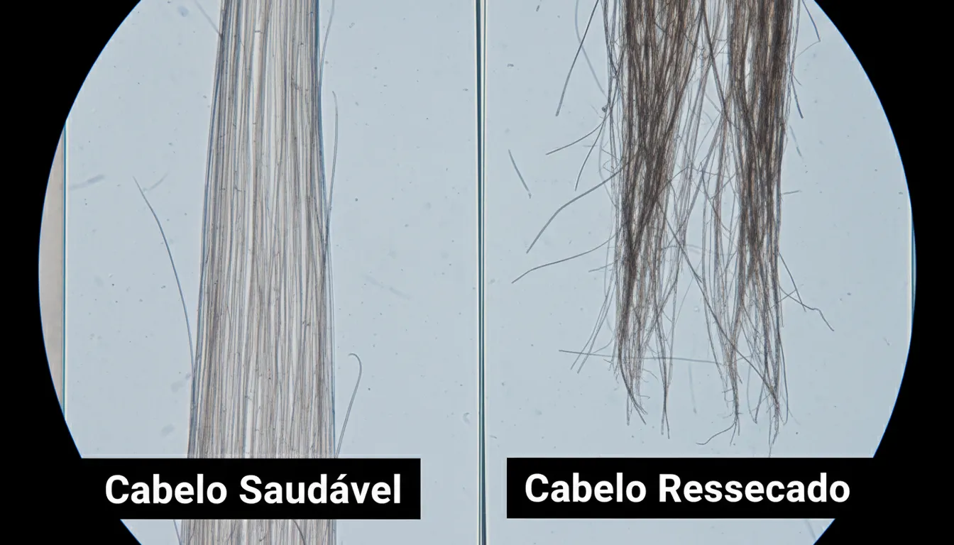 Comparação em close-up sob microscópio de um cabelo saudável e um cabelo ressecado ou desnutrido, mostrando as diferenças na estrutura.