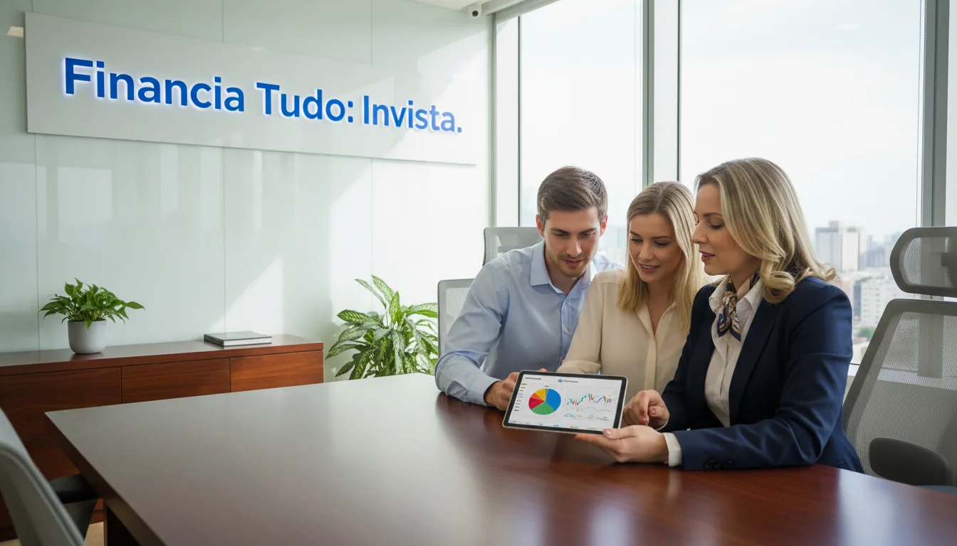 Casal recebendo consultoria de um especialista financeiro sobre como investir com pouco dinheiro, com o suporte da Financia Tudo.