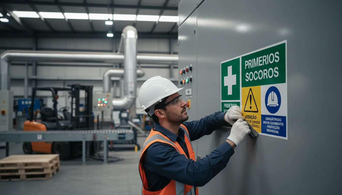 Profissional instala placa de segurança personalizada com adesivos coloridos em área industrial organizada.