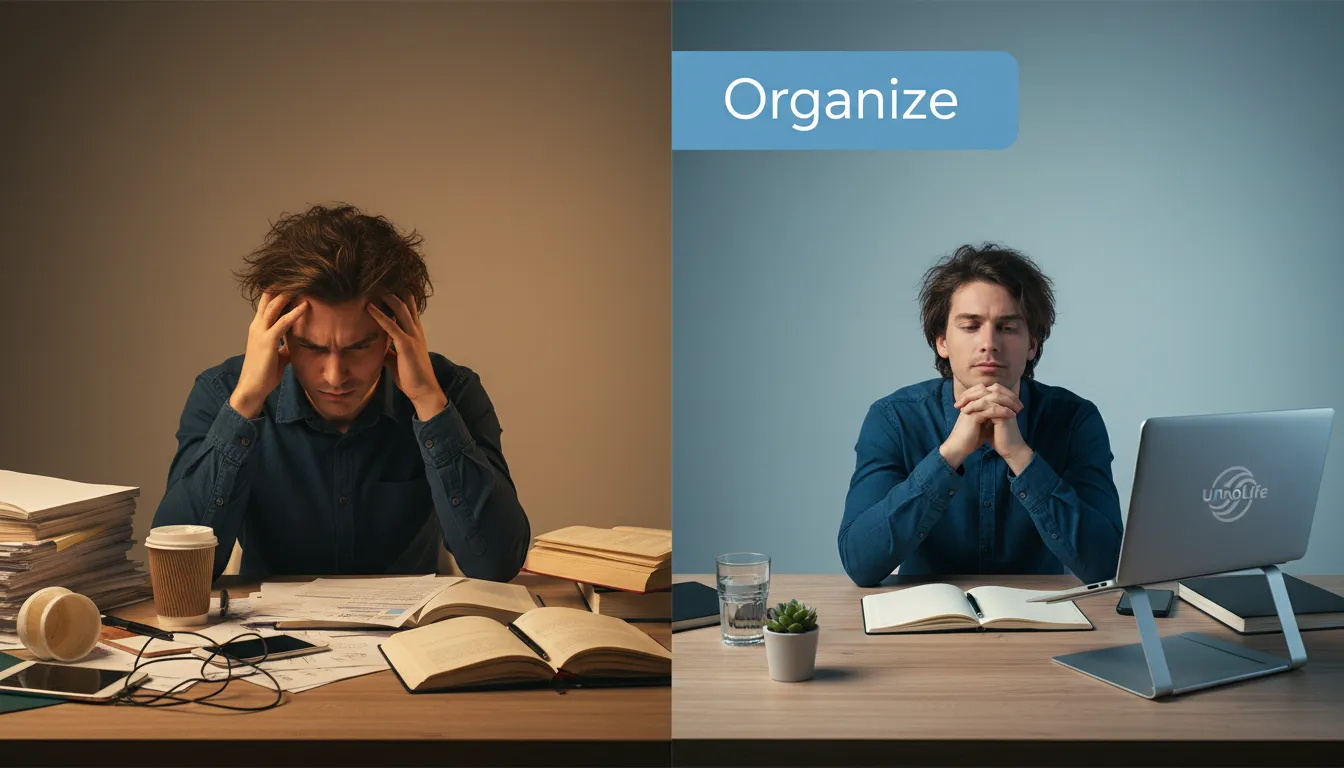 Comparativo do antes e depois de uma sessão de coach online da Unolife, mostrando o impacto na organização e redução do estresse no ambiente de trabalho.