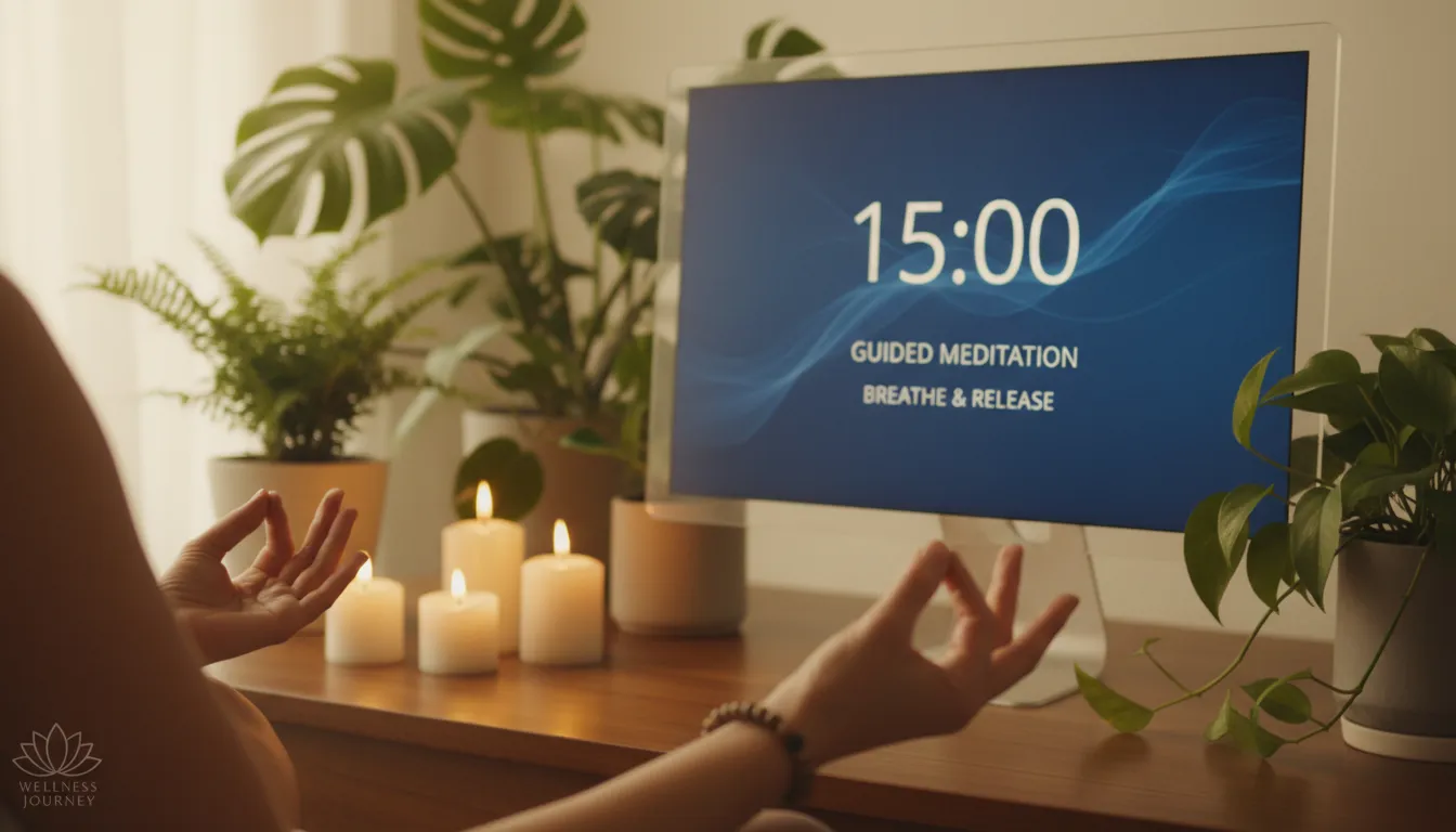 Especialista conduzindo meditação online, elementos calmantes e tela mostrando temporizador de sessão.