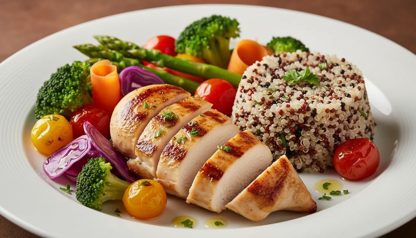 Prato equilibrado com frango grelhado, quinoa e vegetais coloridos, representando uma Alimentação Saudável.