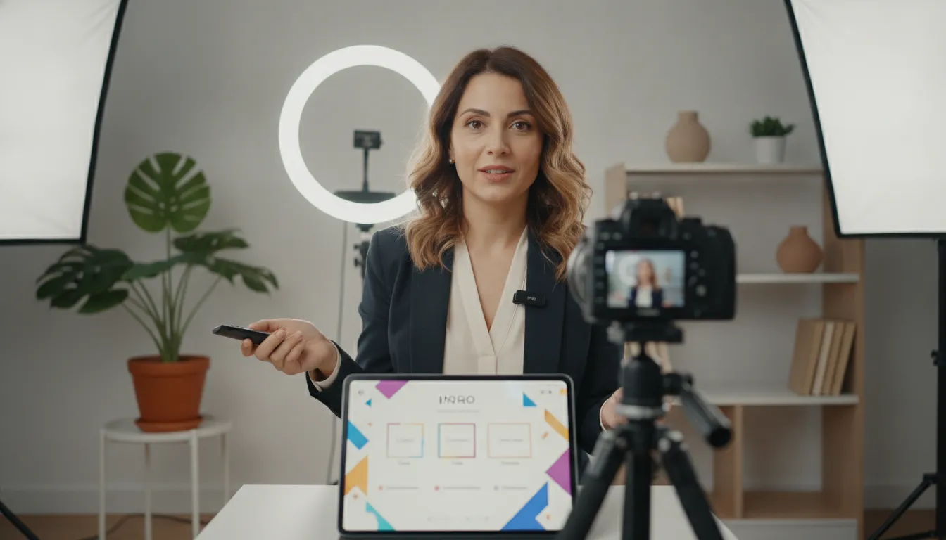 Empreendedora grava vídeo profissional, usando Canva para intro e outro, em estúdio caseiro.