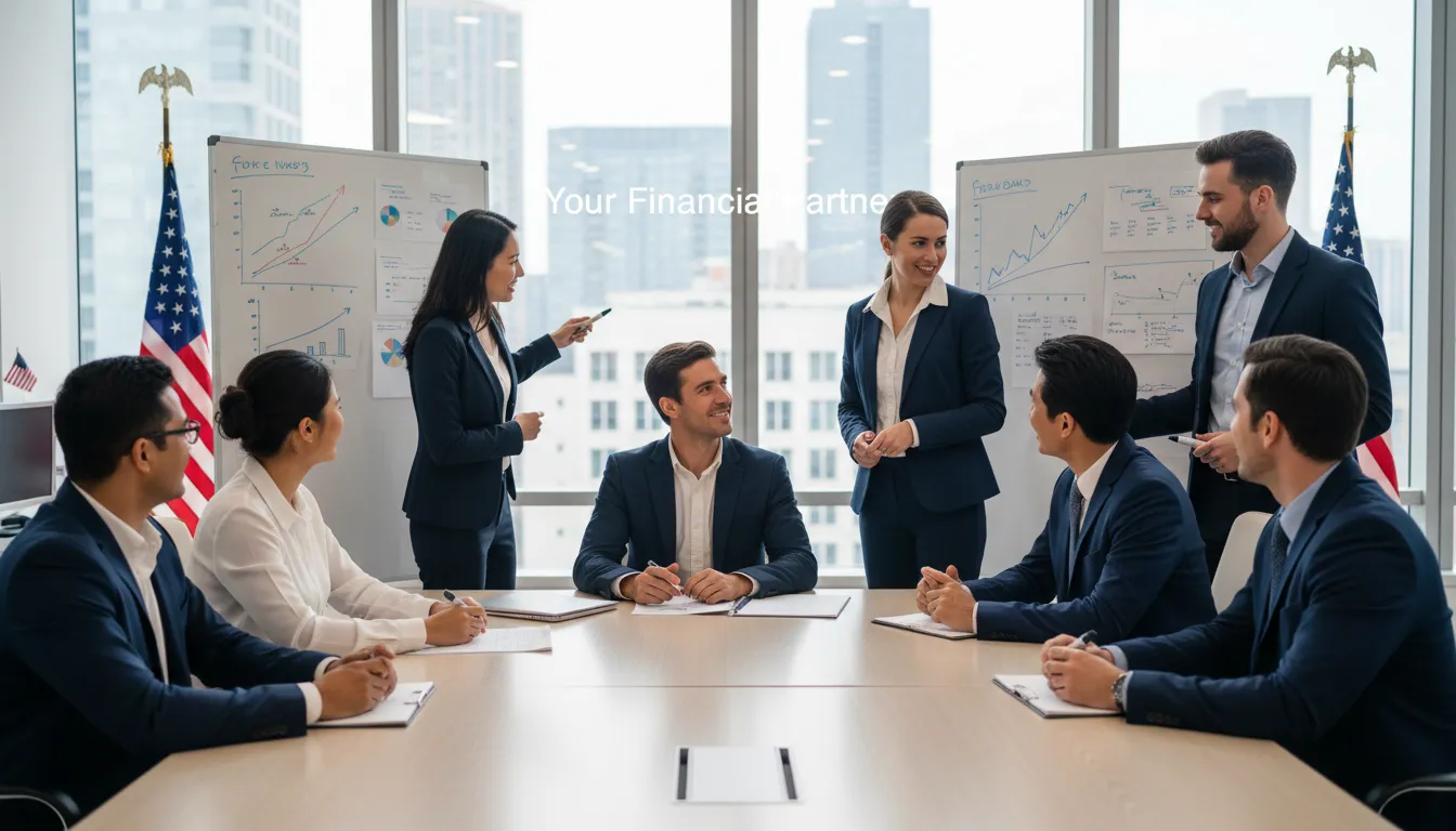 Equipe diversificada da Prezzo Consulting em brainstorming. Encontre o parceiro financeiro ideal e descubra se você precisa de contador nos EUA.