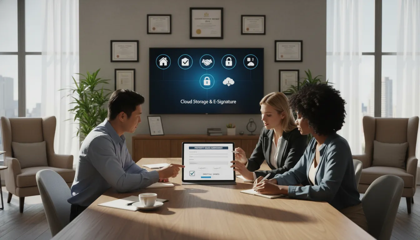 Corretor e clientes assinando contrato imobiliário digitalmente em ambiente corporativo moderno