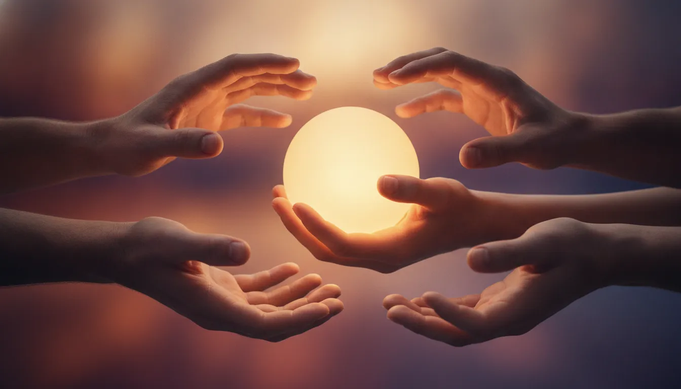 Mãos diversas alcançam luz interna, simbolizando autovalor e superação necessidade de aprovação com terapia online.