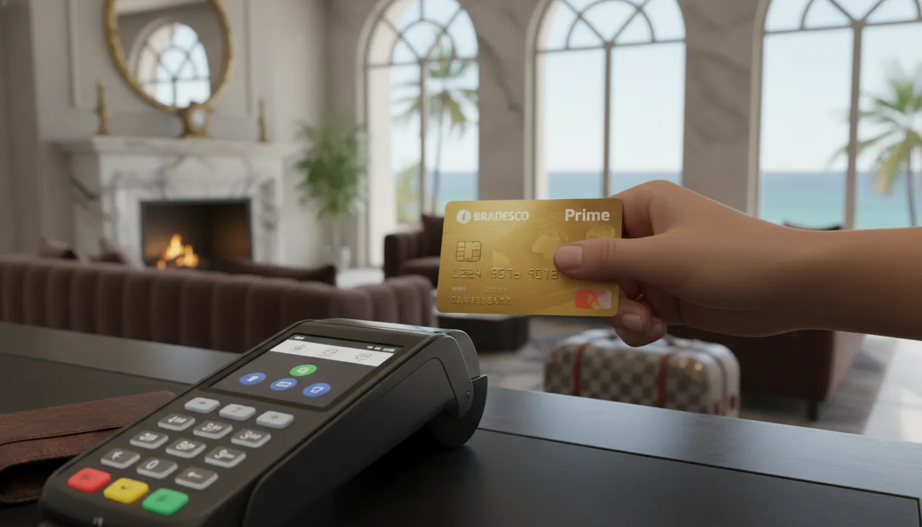 Mão usando cartão Bradesco Prime para pagar hospedagem de luxo, mostrando a facilidade em viagens.
