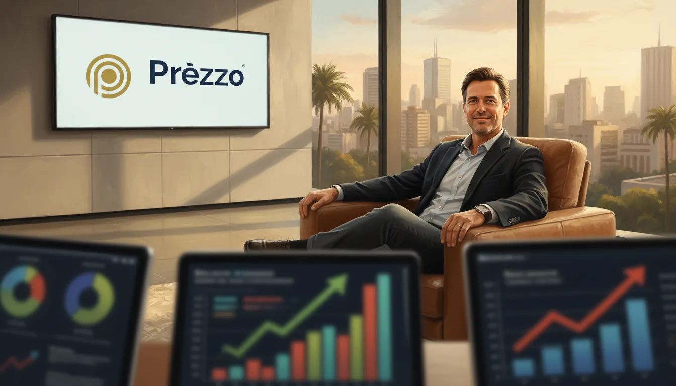 Empresário sorrindo com gráficos de sucesso ao fundo, simbolizando a tranquilidade proporcionada por um Escritório de Contabilidade em São Paulo.