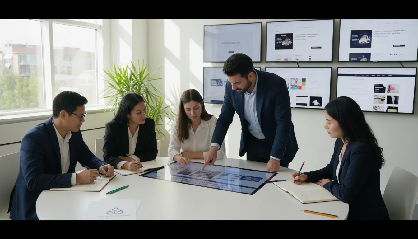 Como Usar ChatGPT para Estruturar Site (Sem Deixar Engessado) 2 Equipe reunida revisando propostas de site IA e criando identidade visual personalizada.