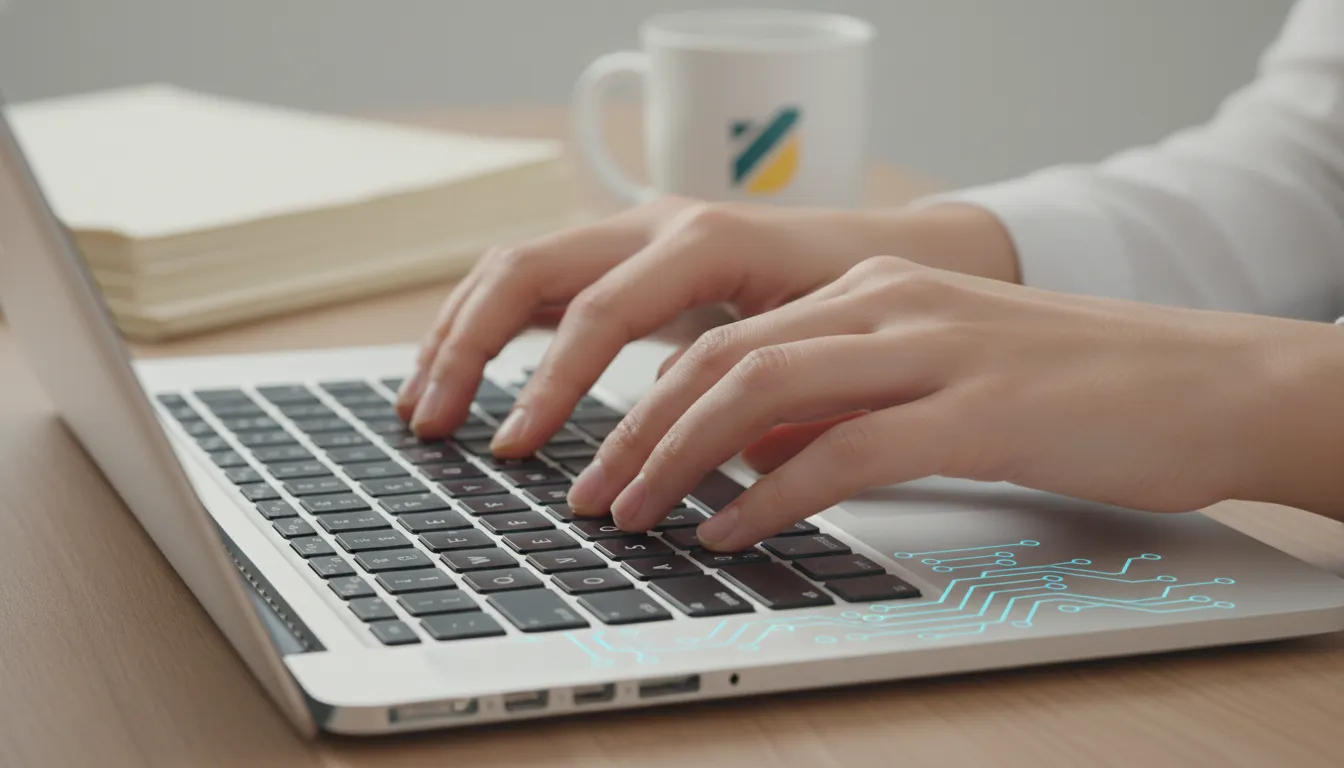 Mãos digitando em um laptop, simbolizando o processo digital de como abrir empresa e a papelada envolvida.