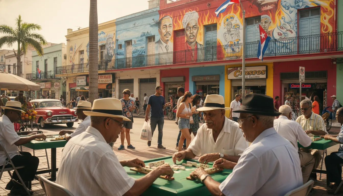 Cena de rua vibrante em Little Havana, Miami, com homens jogando dominó e murais coloridos, capturando a autêntica cultura cubana.