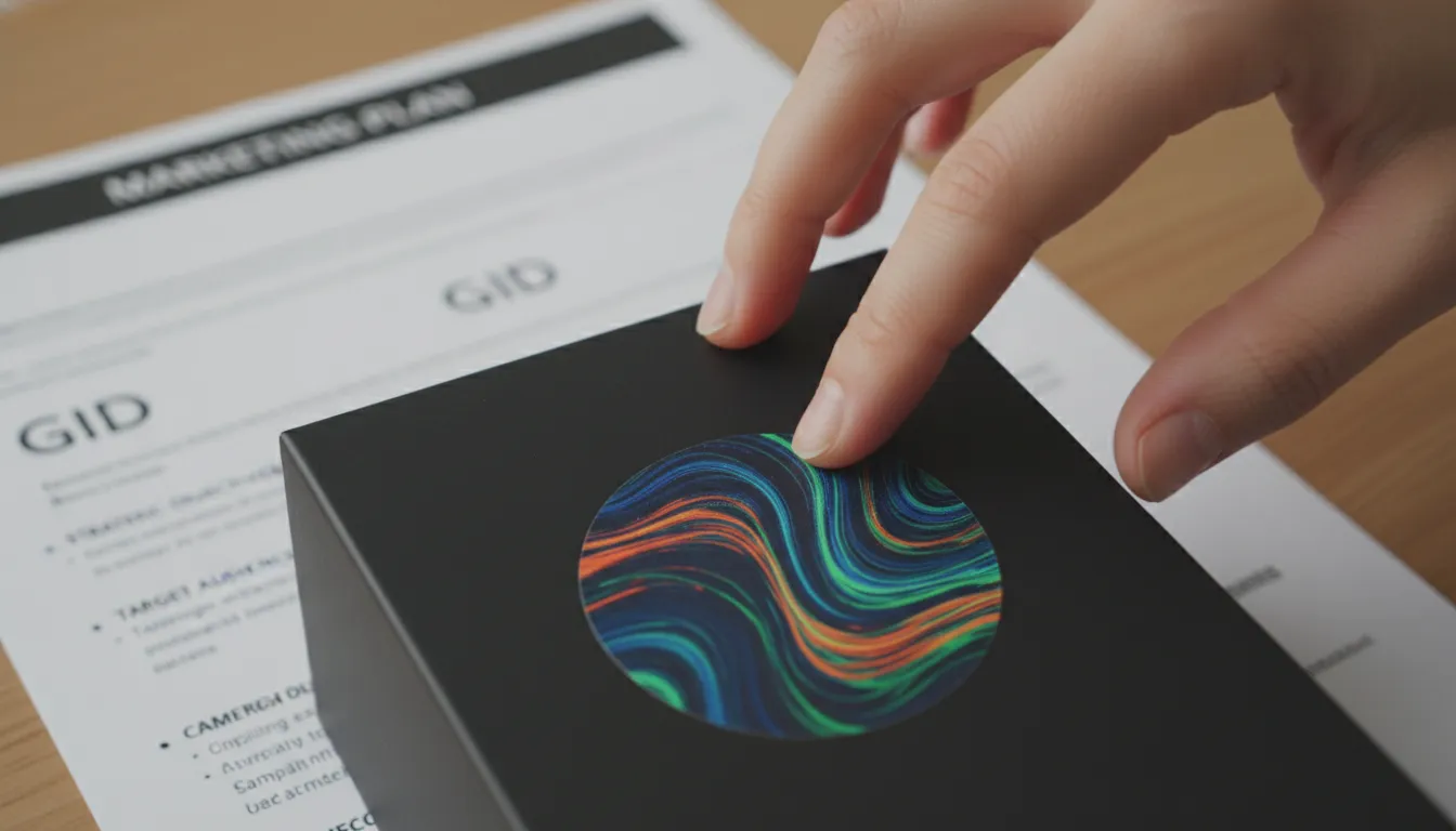 Primer plano de un adhesivo GID en un paquete, simbolizando la aplicación práctica del planeamiento marketing estratégico de la empresa.