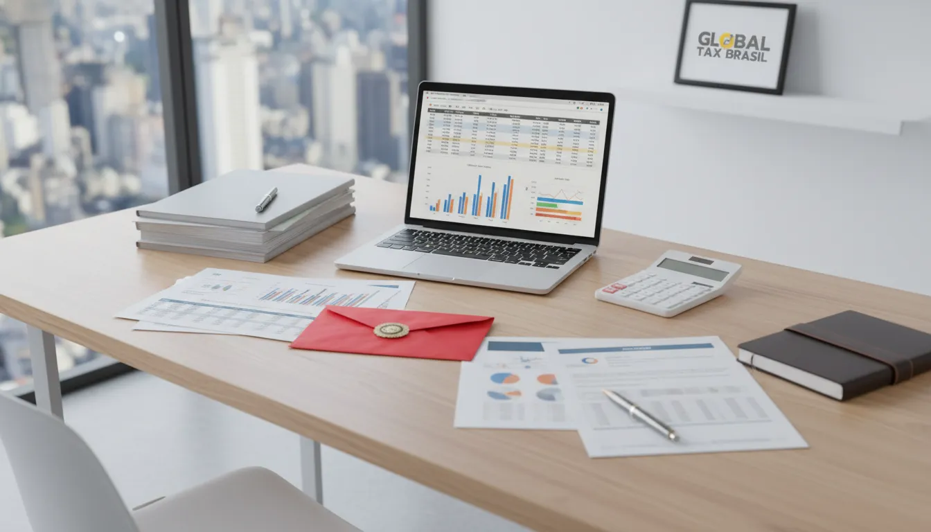Mesa de escritório com documentos e notificação da Receita Federal sobre regularizar bens no exterior.