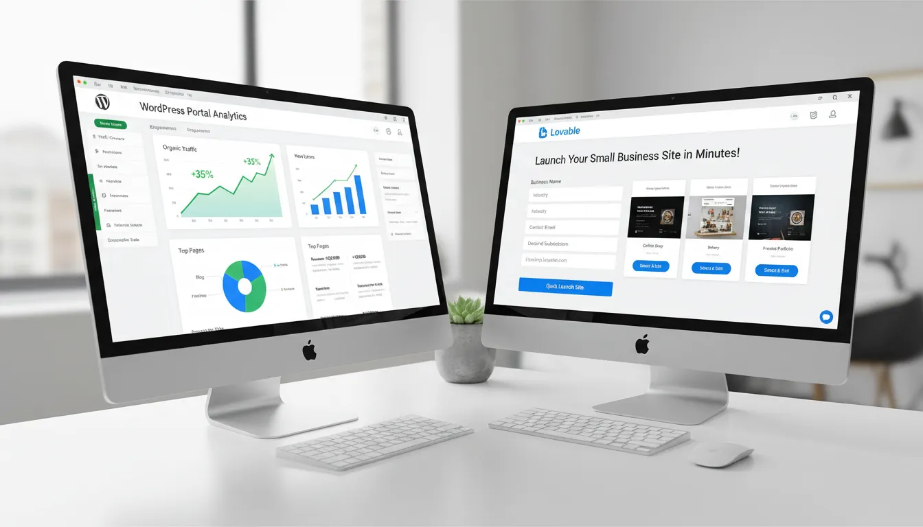 Site com Lovable vs WordPress: Qual Realmente Vale em 2026? 3 Comparação de sucesso: painel com gráficos ascendentes do WordPress e lançamento ágil de site em Lovable para negócio local.