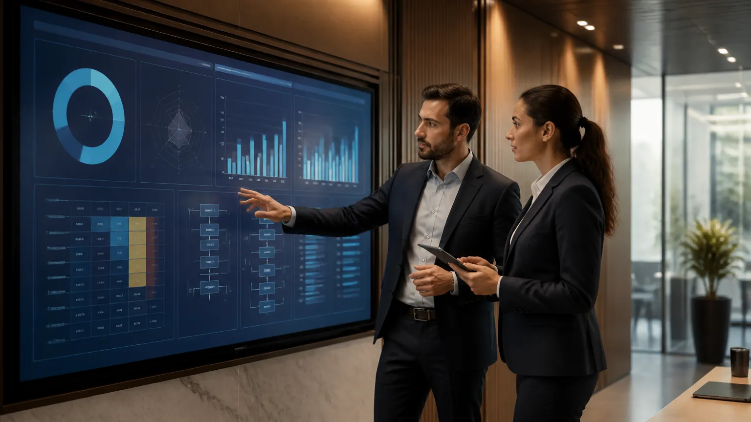 Consultores corporativos analisando métricas de gestão de vulnerabilidades e riscos de segurança.