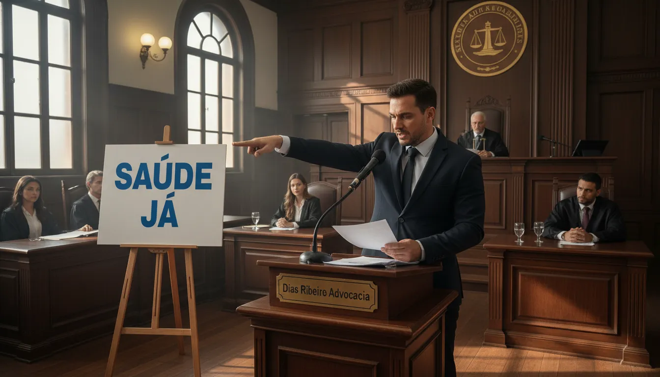 Cena de um tribunal com um juiz presidindo e um advogado da Dias Ribeiro Advocacia defendendo o direito de um paciente ao Emgality, destacando a importância do plano de saúde.