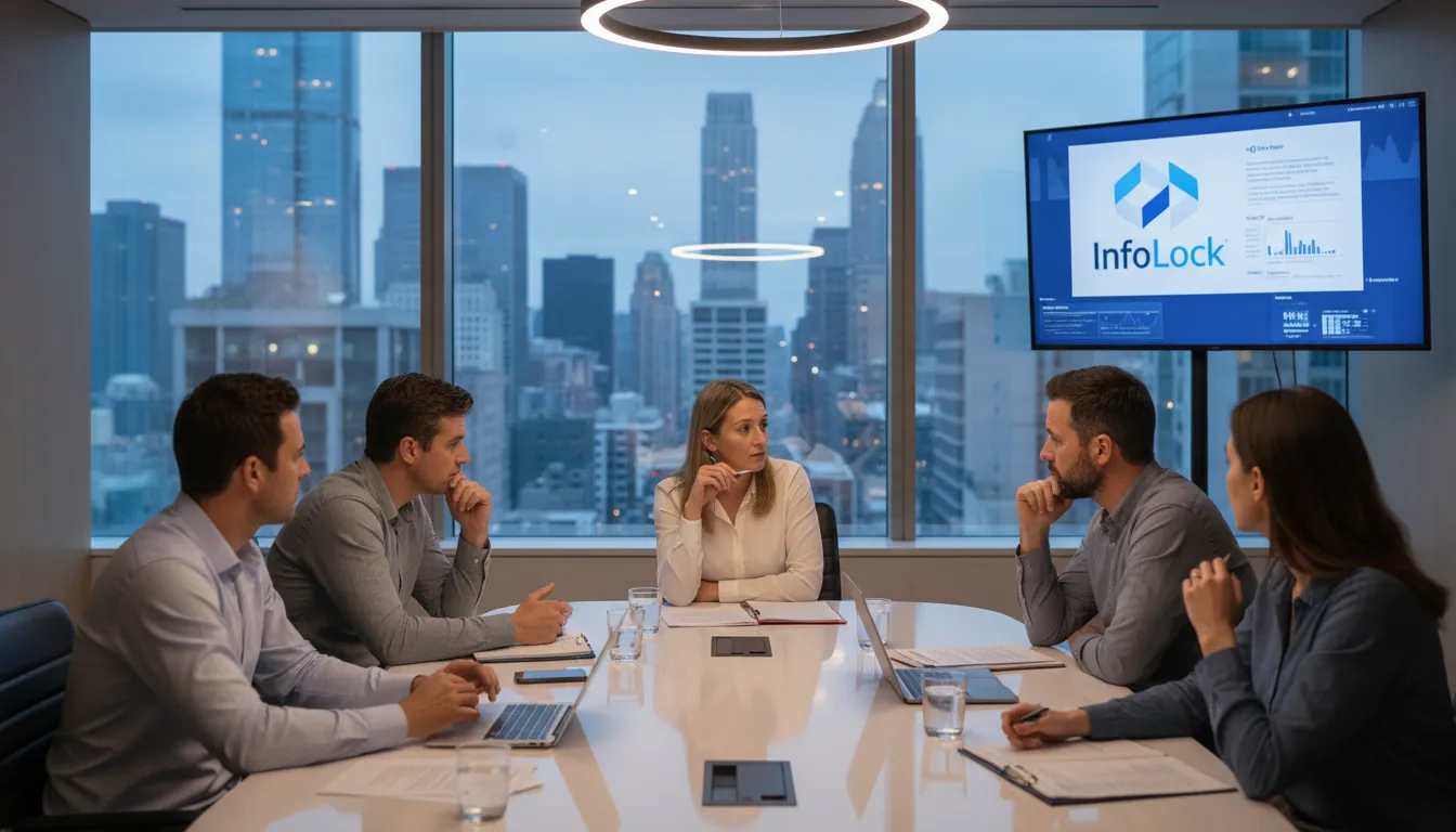 Profissionais discutindo ética da IA em ciências da vida, com logo InfoLock. AI Is Transforming a governança corporativa, necessitando novas estruturas de supervisão.