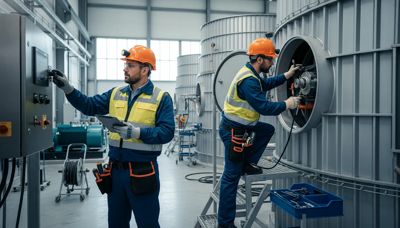 Técnicos da Veltter realizam manutenção preventiva em torre de resfriamento industrial, garantindo segurança e eficiência.