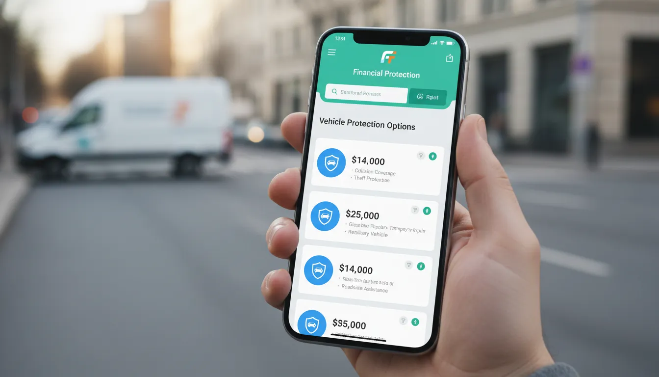 Tela de celular mostra opções de proteção veicular utilitário, com van em movimento no fundo, simbolizando acesso fácil.