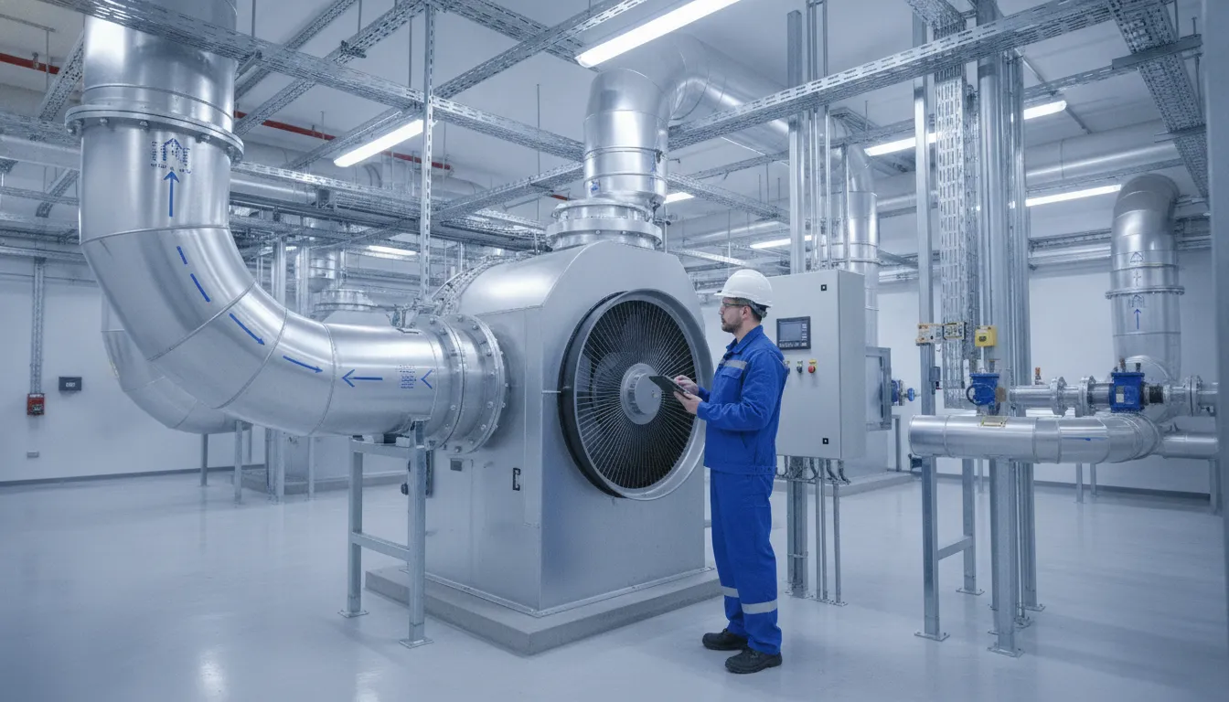 Técnico Veltter inspeciona exaustor industrial centrífugo e sistema HVAC. Manutenção especializada e segura.