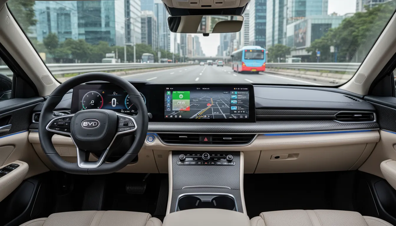 Detalhe do painel de um carro elétrico de luxo, com tecnologia avançada e materiais premium, refletindo o uso urbano e a preocupação com Elétricos de luxo desvalorização.