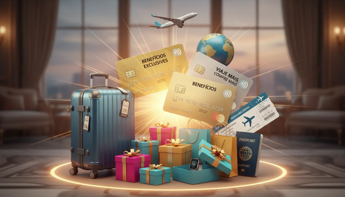 Benefícios dos cartões de crédito simbolizados por mala, passagens e presentes cercando cartões modernos.