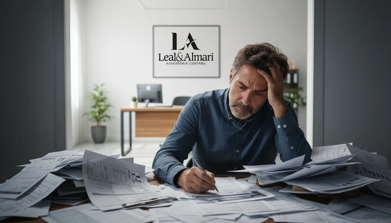 Empresário estressado com impostos contrasta com escritório organizado, destacando a importância de um contador empresa.