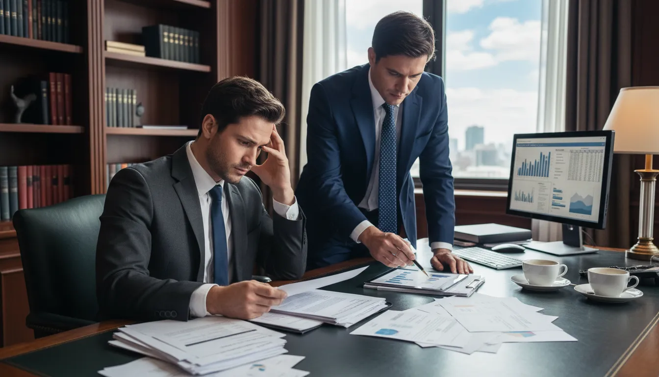 Empresário e consultor analisam juntos extratos bancários e estratégias de recuperação financeira.