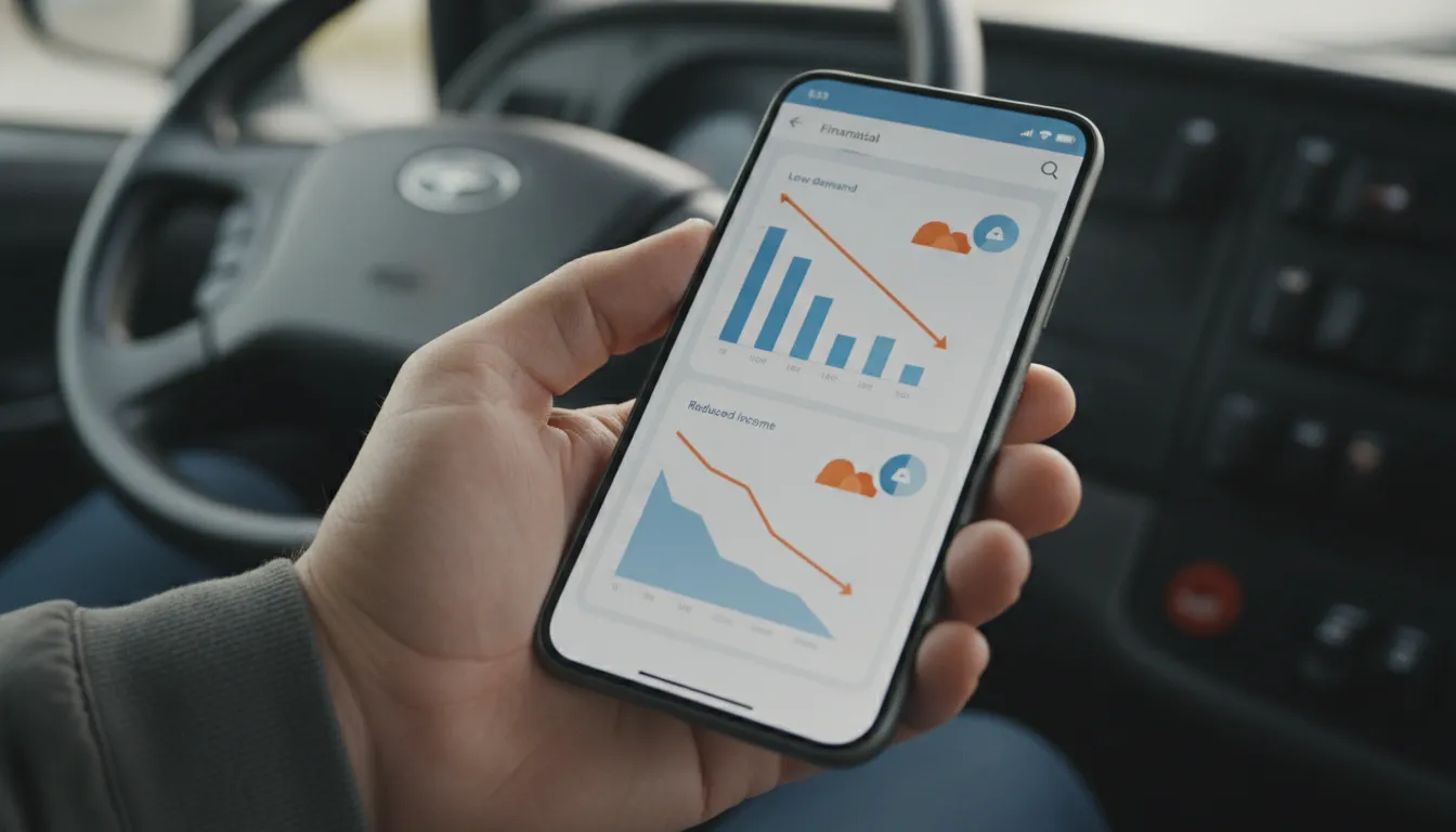 Tela smartphone com app financeiro, mostrando baixo fluxo de caixa para caminhoneiros.