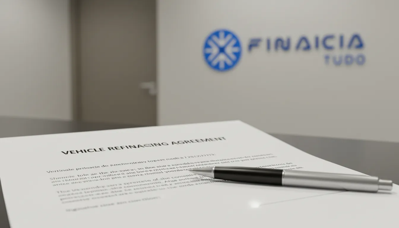 Contrato de refinanciamento de veículo financiado em close-up, com a Financia Tudo auxiliando no processo.