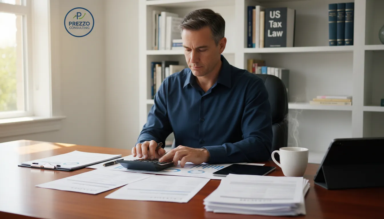 Cálculos e documentos fiscais em uma mesa de escritório organizada, representando a busca por alternativas para pagar menos impostos nos EUA com a Prezzo Consulting.
