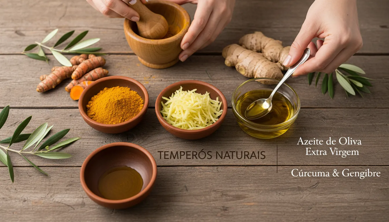 Preparação de temperos naturais anti-inflamatórios como cúrcuma e gengibre em tigelas na cozinha.