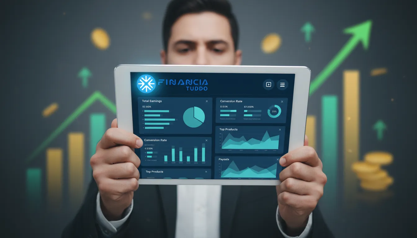 Pessoa usa tablet para explorar estratégia de afiliado produtos financeiros, com dashboard intuitivo e dados claros.