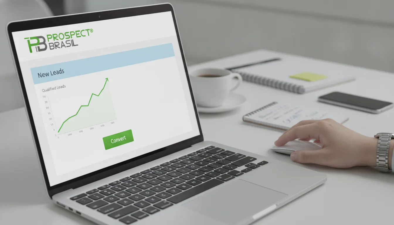 Tela de CRM com novos leads qualificados e gráficos de crescimento, simbolizando a prospecção de novos clientes.