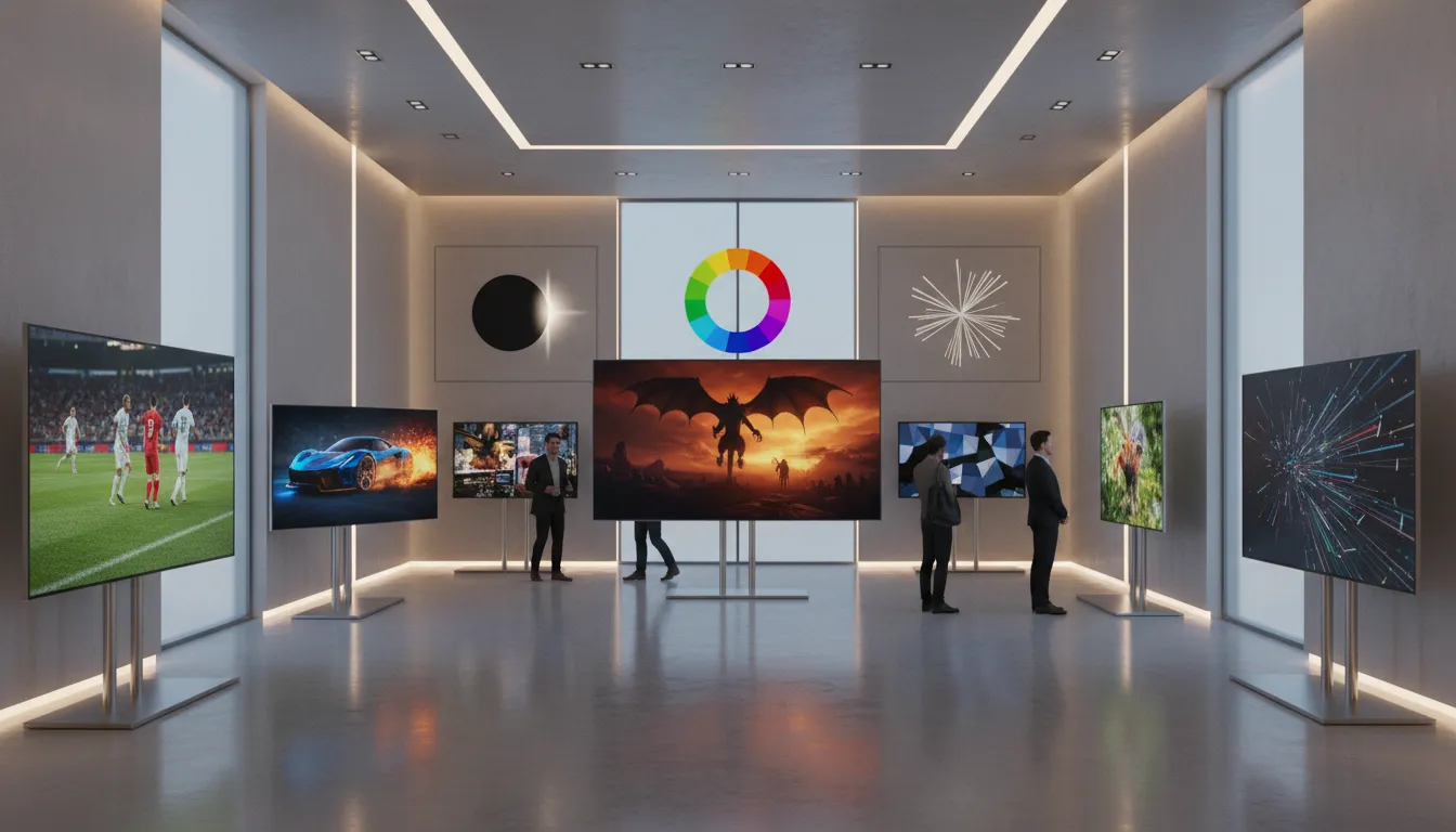 Showroom moderno exibindo vários modelos de tv oled de diferentes marcas, mostrando versatilidade e design elegante.