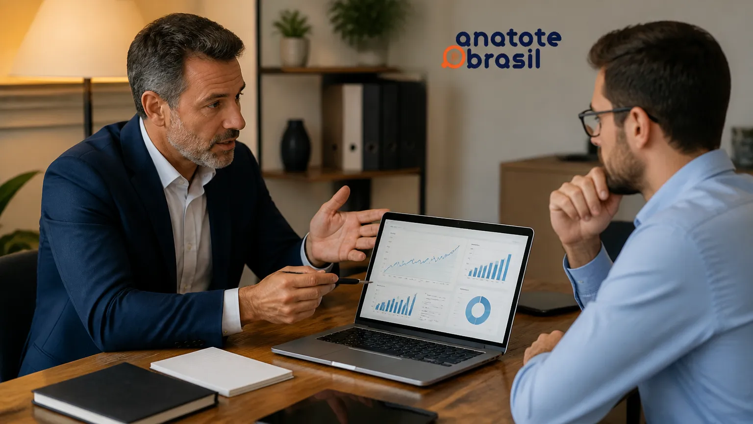 Consultor apresentando simulação financeira e como vender consórcio tirando dúvidas do cliente.