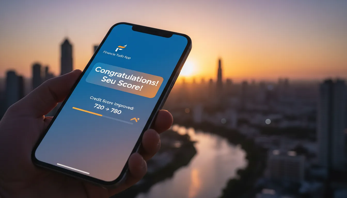 Smartphone exibindo notificação de melhoria no score de crédito com o app Financia Tudo. Visuais de como aumentar score e ter futuro financeiro melhor.