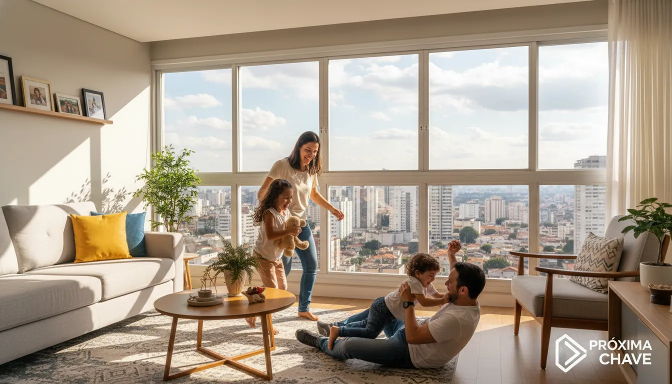 Família feliz em apartamento moderno em José Bonifácio SP, com a marca Próxima Chave discretamente exibida, transmitindo a ideia de lar e segurança.