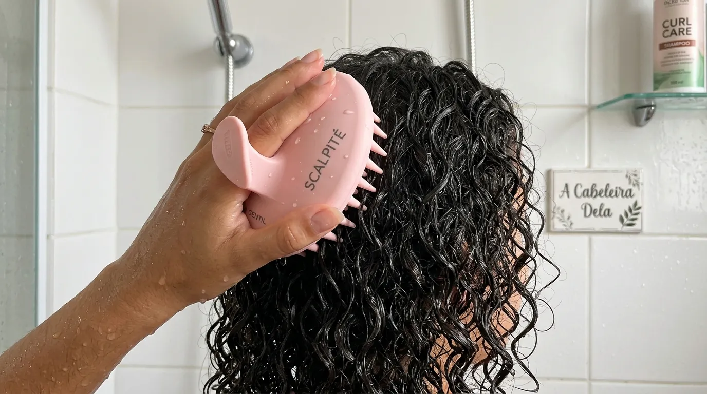 Escova de silicone realizando massagem capilar em cabelos cacheados durante o banho.