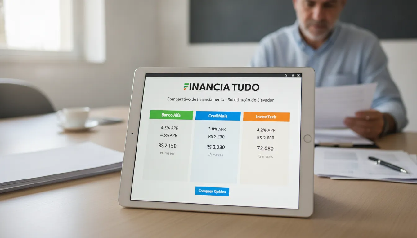 Tela tablet Financia Tudo mostra opções financiamento para elevadores, destacando transparência e taxas competitivas.