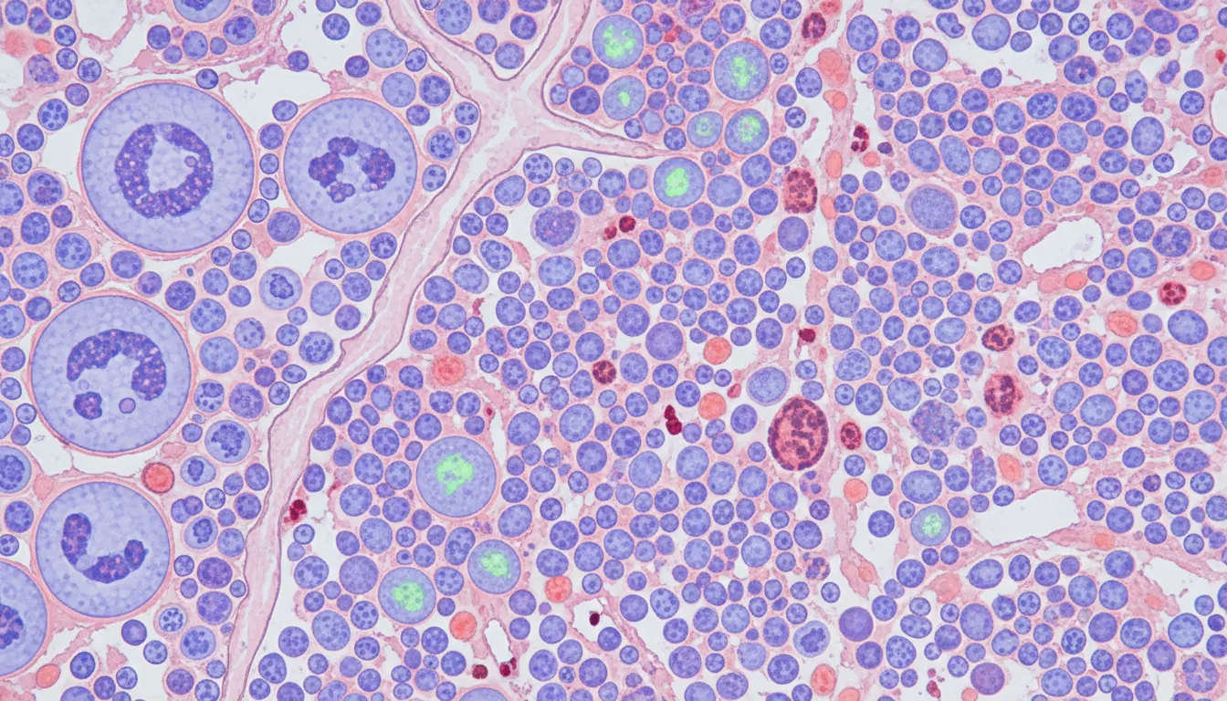 Realistic microscopic view of thymus organ of the body tissue, showing T cells.
