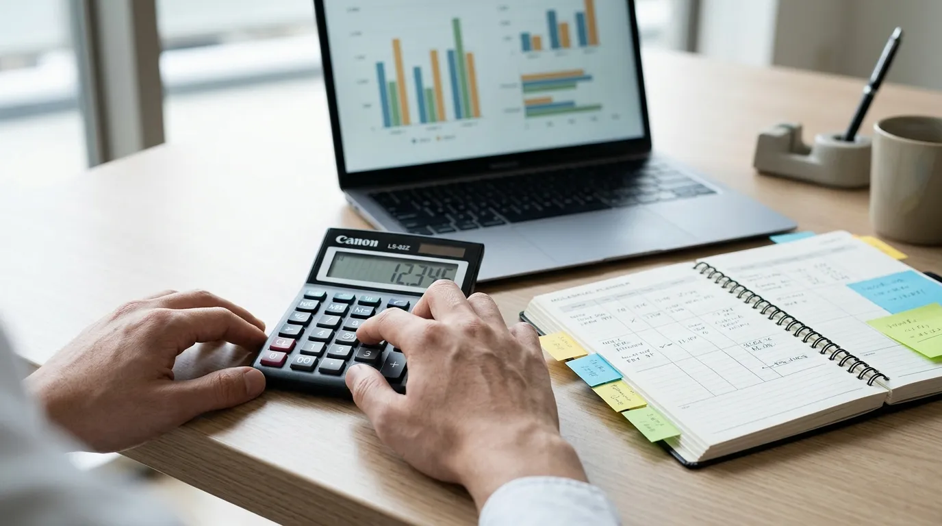 Mãos usando calculadora para descobrir como calcular meu patrimônio líquido com precisão.