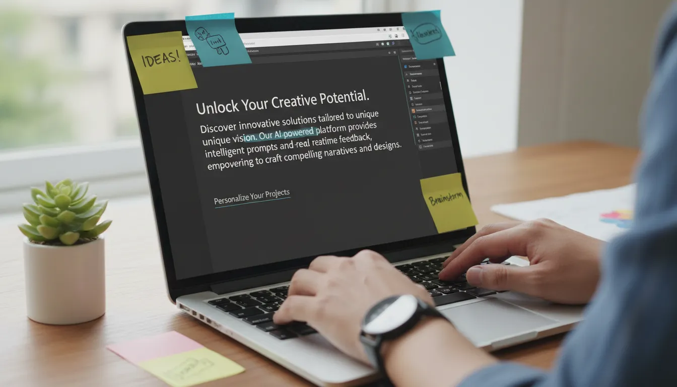 IA para Copywriting de Site: Como Usar Sem Parecer Robô 1 Designer faz ajustes finais em copy gerada por IA, destacando o toque humano no processo