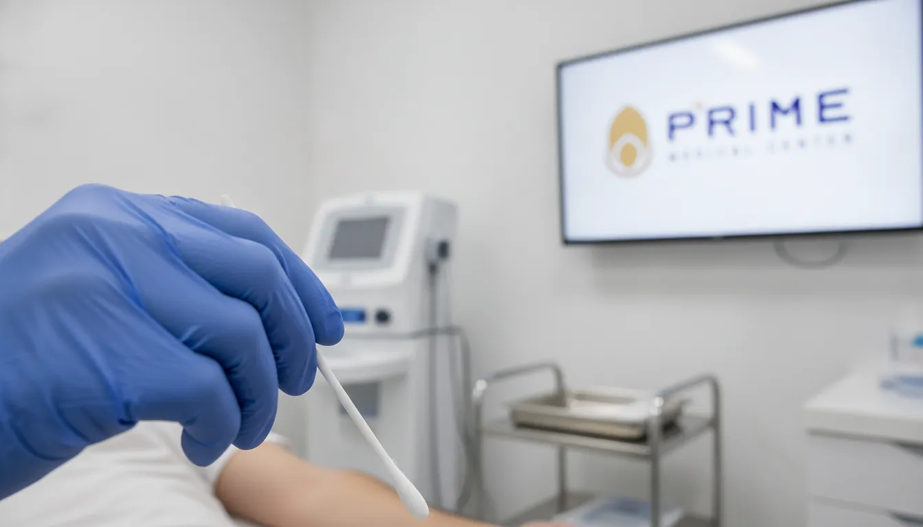 Mão de médico examinando, simbolizando diagnóstico e tratamento para candidíase no homem. Prime Medical.
