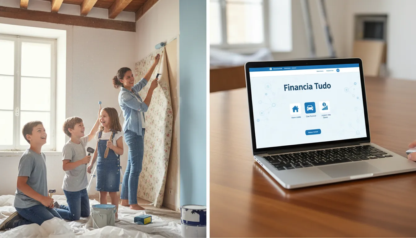 Tela dividida mostrando uma família renovando sua casa e um laptop com o site da Financia Tudo, ideal para encontrar opções de financiamento de imóvel usado e realizar seus projetos.